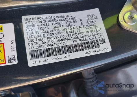 2023 Honda Civic Touring z USA, uszkodzony, nr VIN 2HGFE1F94PH321019